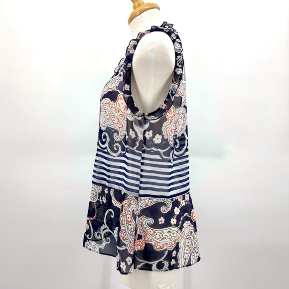 Cabi Peplum Blouse #5349, Mixed Print Semi-Transparent V-Neck Sleeveless Top, XS - Picture 7 of 16